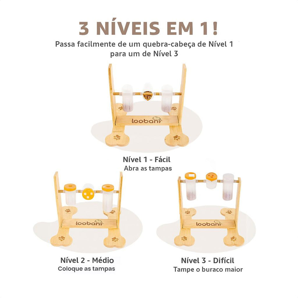 Brinquedo Loobani Alimentador Interativo para Cães Dispenser Ecológico Feito em Bambu com 3 Garrafas