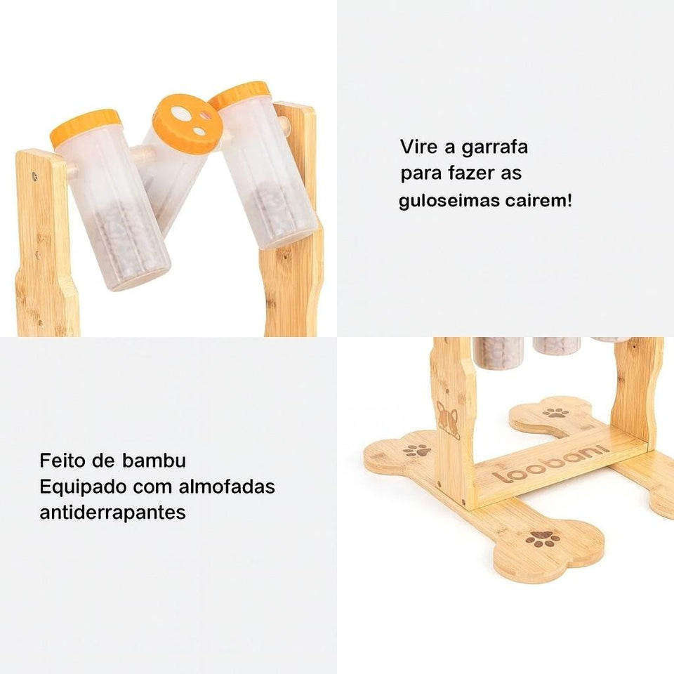 Brinquedo Loobani Alimentador Interativo para Cães Dispenser Ecológico Feito em Bambu com 3 Garrafas