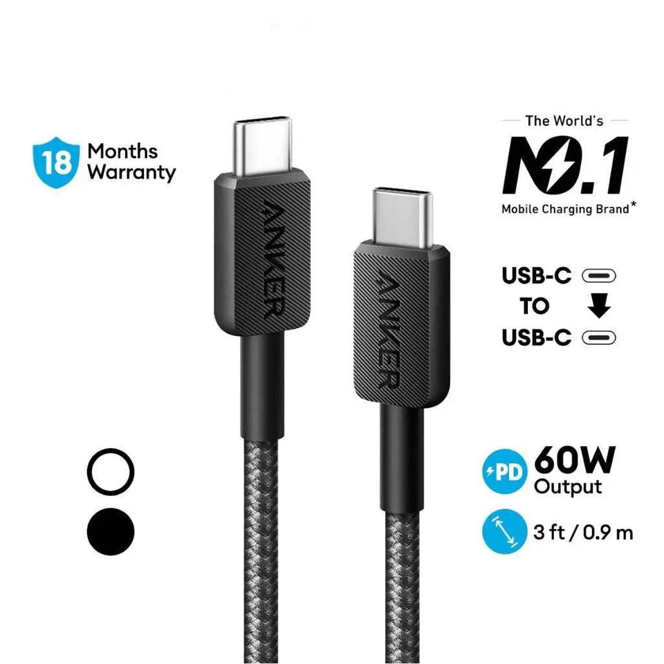Cabo Anker Usb-C Para Usb-C 322 60w 90cm Nylon Trançado - Preto